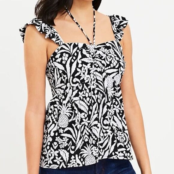NWT Ann Taylor Loft Black/White Pineapple Flutter Ruffle sleeveless Top Size M - Picture 1 of 11